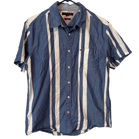 Tommy Hilfiger Blue & White Striped Short Sleeve Button-Up Shirt Slim Fit L - Picture 1 of 8